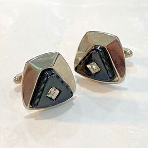 Vintage mid century cufflinks silvertone carved black stone rhinestones retro